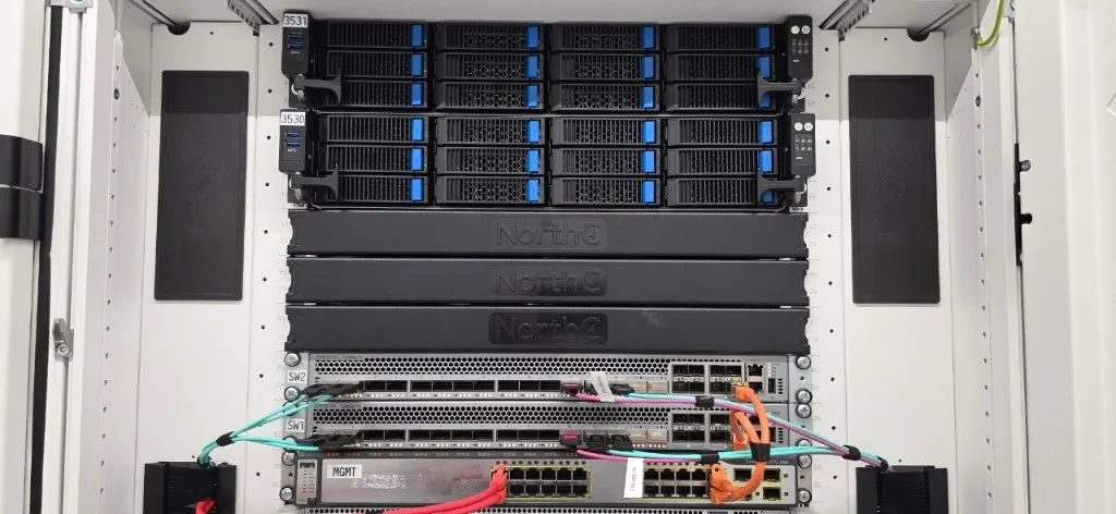 ClearStack servers in an enclosed rack, seen from the front.